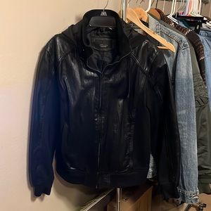 Zara Man XL Black Leather Jacket with Removable Hoodie